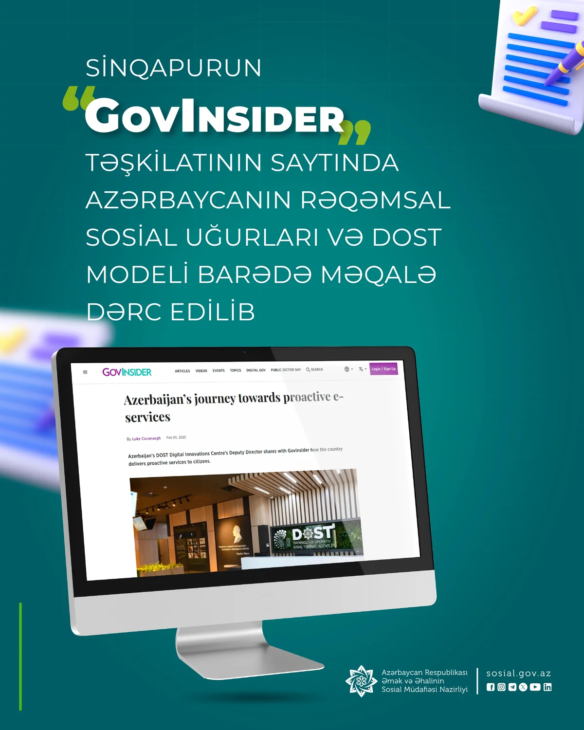 Sinqapurun “GovInsider” təşkilatının saytında Azərbaycanın rəqəmsal sosial uğurları və DOST modeli barədə məqalə dərc edilib