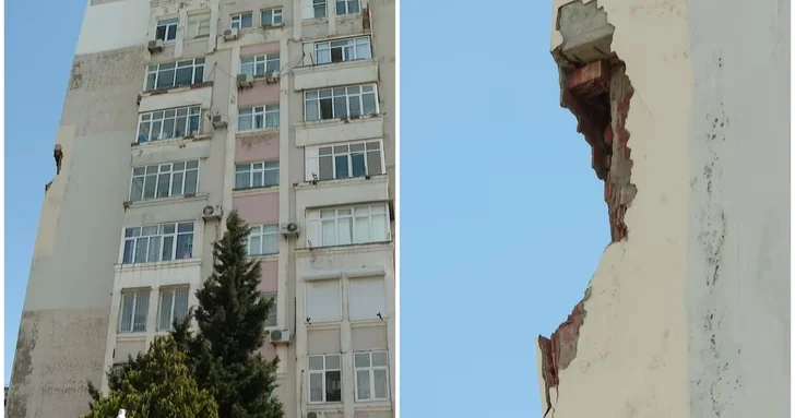 Фасад многоэтажного дома в Баку частично обрушился: жители ждут ремонта уже месяц