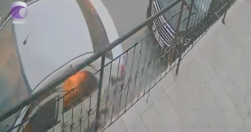 Sürücü partlayış olan maşından sağ çıxdı Video