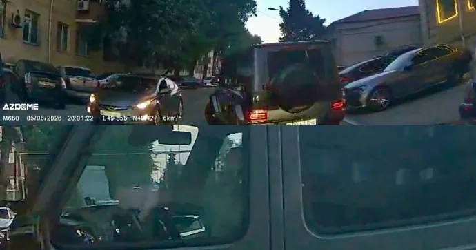 Başı telefona qarışan sürücü bahalı “Mercedes”ini səkidə park etdi VİDEO