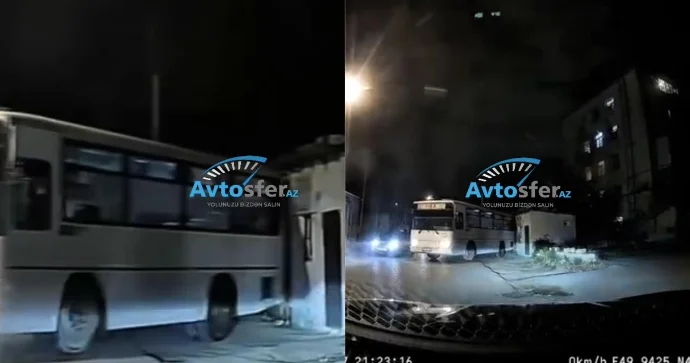 Sürücü məsafəni düzgün hesablamadı, avtobus obyektə çırpıldı VİDEO