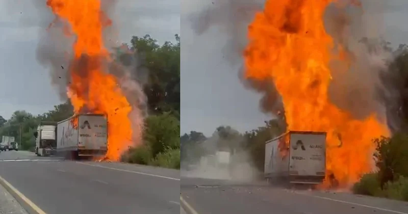 Şəkidə dezodorant daşıyan TIR yanır
