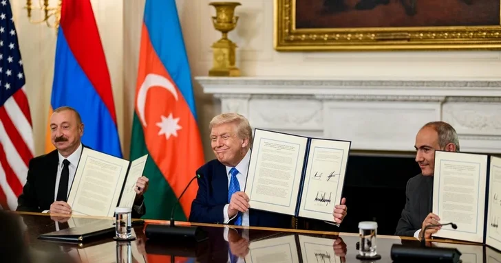 Фото исторического документа, подписанного Алиевым, Трампом и Пашиняном в Вашингтоне