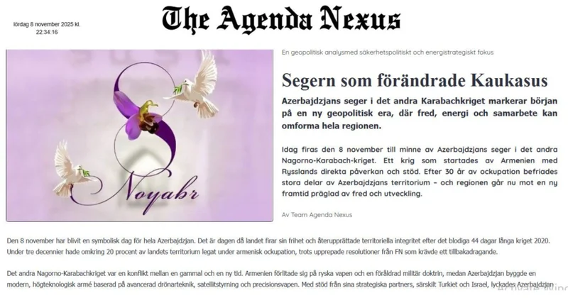 İsveçin “Agenda Nexus” nəşrində Azərbaycanın qələbəsi və Cənubi Qafqazda yeni geosiyasi nizam barədə məqalə dərc olunub