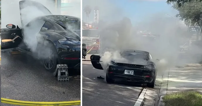 Hərəkətdə olan “Porsche” yandı; sürücü maşından son anda çıxarıldı VİDEO