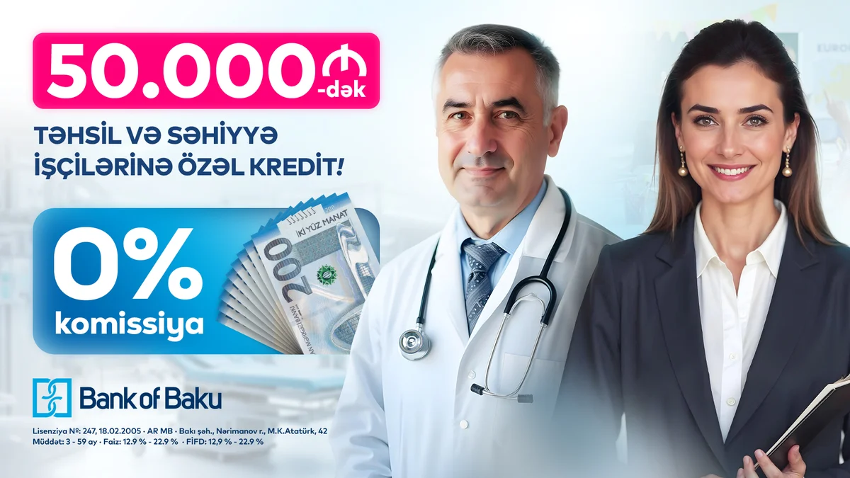 Bank of Bakudan TƏHSİL və SƏHİYYƏ işçilərinə özəl 50.000 AZNdək KOMİSSİYASIZ kredit