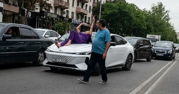 В Баку женщина легла на капот машины и заблокировала движение