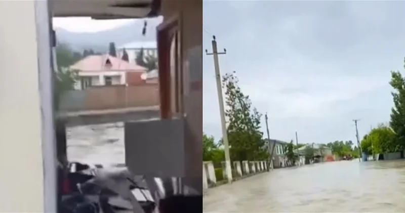 В Загатале затопило улицы, селевой поток буквально смыл здание почты ВИДЕО