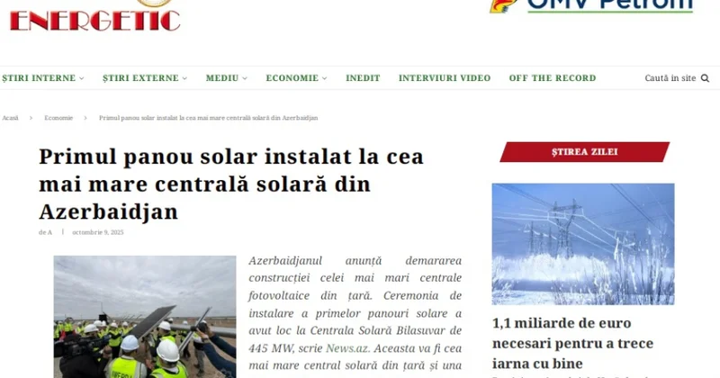 Rumıniya mediası Biləsuvarda inşa olunan Günəş Elektrik Stansiyasından yazıb