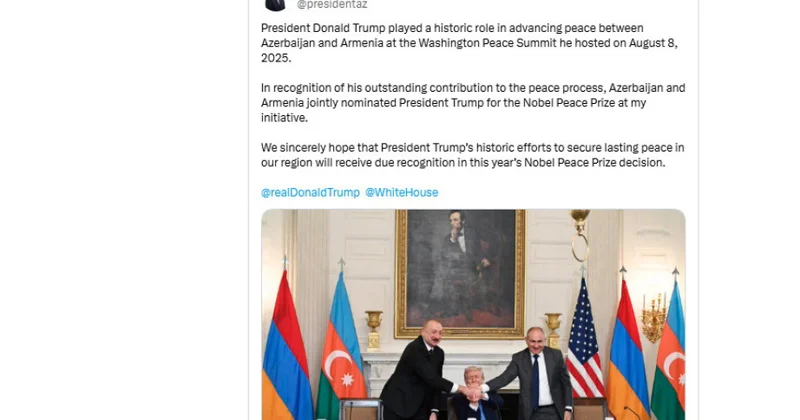 Prezident İlham Əliyev: Trampın regionumuzda sülh səylərinin bu il Nobel Sülh Mükafatı ilə bağlı qərarda layiqincə qiymətləndiriləcəyinə ümid edirik