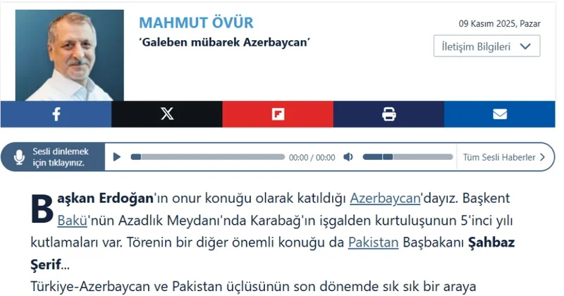 “Sabah” qəzeti: Azərbaycanın Vətən müharibəsində Qələbəsi bütün regionun taleyini dəyişdirdi