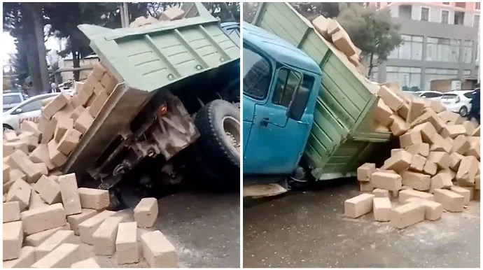 Bakıxanovda yol çökdü, daşla dolu yük maşını aşdı VİDEO