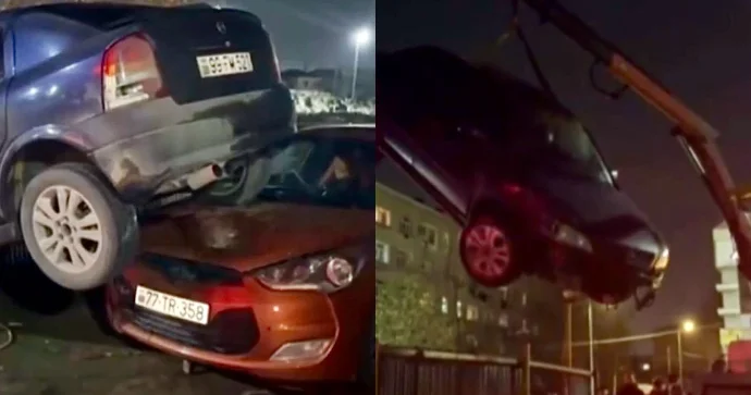 Sumqayıtda qəribə qəza: “Opel” avtoyuma məntəqəsindəki maşının üzərinə çıxdı VİDEO