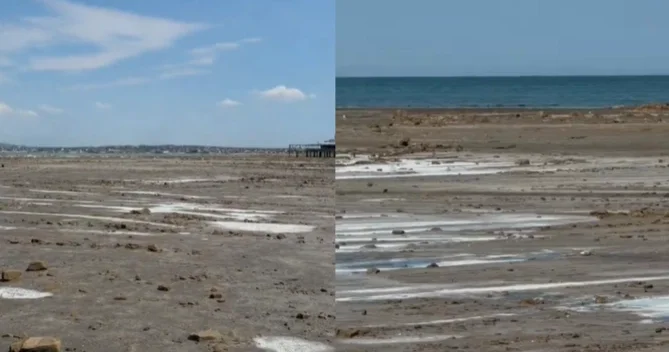 Sumqayıtda Xəzərin suyu görün nə qədər çəkilib