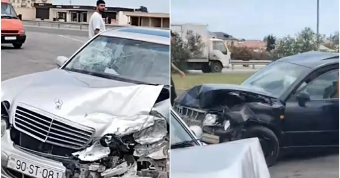 Qobustanda “Volkswagen”ə çırpılan “Mercedes” tanınmaz hala düşdü VİDEO