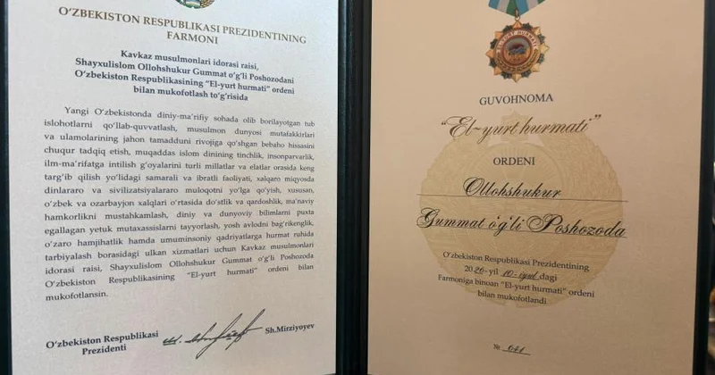Allahşükür Paşazadə Özbəkistanın ali mükafatına layiq görüldü