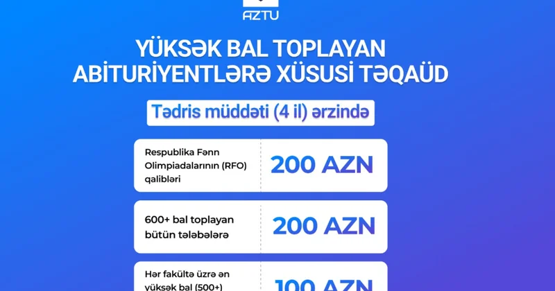 Yüksək balla AzTU ya qəbul olunanlar üçün xüsusi təqaüd imkanı