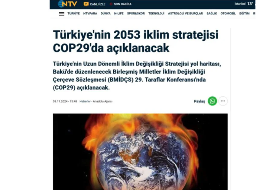 Türkiyə COP29da 2053cü ilə qədər ətraf mühit hədəflərini açıqlayacaq