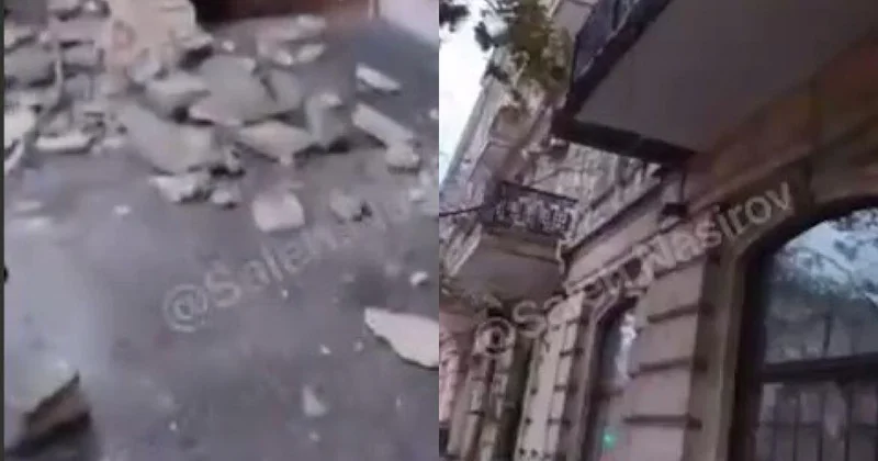 В центре Баку обрушилась часть балкона ВИДЕО