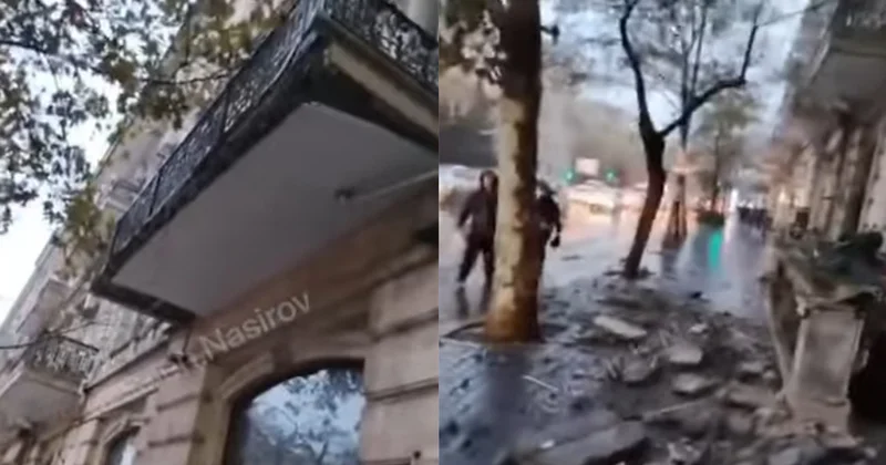 Bakının mərkəzində eyvan uçdu Video Yenilənib