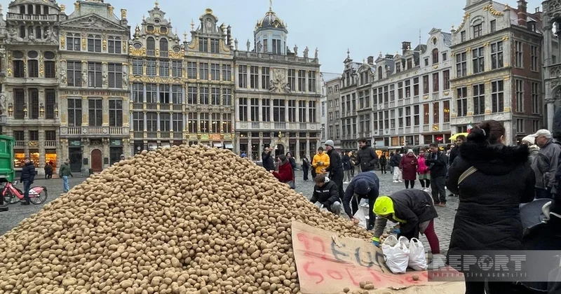 Фермеры насыпали большую гору картофеля на главной площади Брюсселя