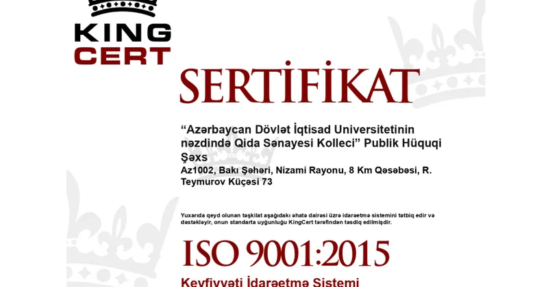 UNEC nəzdində Qida Sənayesi Kolleci beynəlxalq keyfiyyət standartları üzrə sertifikatlar əldə edib