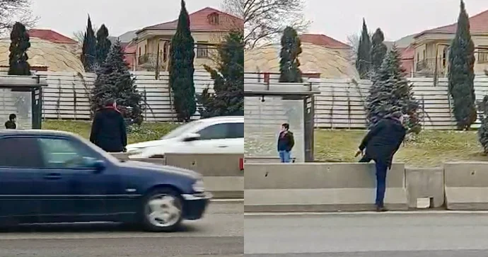 Çıxılmaz vəziyyətə düşən piyada ayrıcı betonun üzərindən yolu keçdi VİDEO