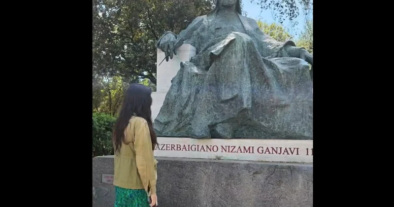 Лейла Алиева в римском парке, где находится памятник Низами