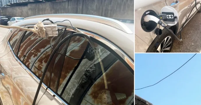 Maşını elektrik ötürücü qüllədən şarja qoyan sürücü GÜNDƏM OLDU VİDEO