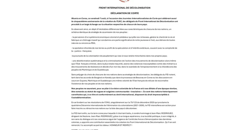 Beynəlxalq Dekolonizasiya Cəbhəsi Korsikadan Fransaya çağırış edib