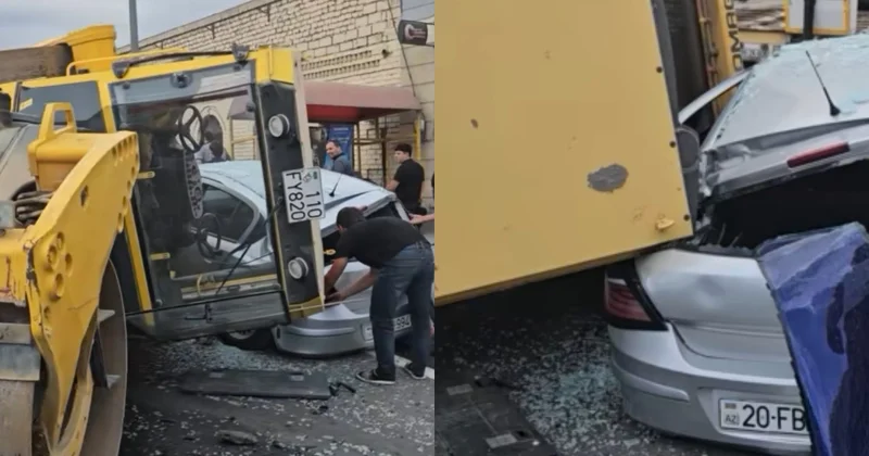 Gəncədə asfalt çəkən maşın minik avtomobilinin üzərinə aşıb