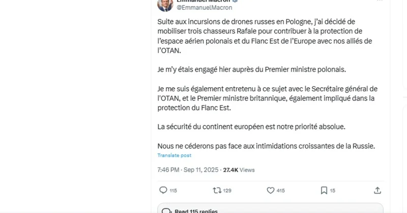 Fransa Polşanın hava məkanını qorumaq üçün üç “Rafale” qırıcısı göndərib