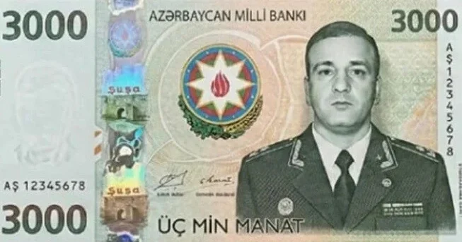 Üzərində Polad Həşimovun şəkli olan 3000 manatlıq əskinas...