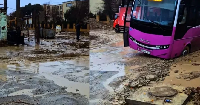 Sumqayıtda məktəbin qarşısında ACINACAQLI VƏZİYYƏT: Yol keçilməz olub