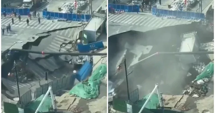 В Шанхае под землю ушел участок дороги вместе с грузовиком