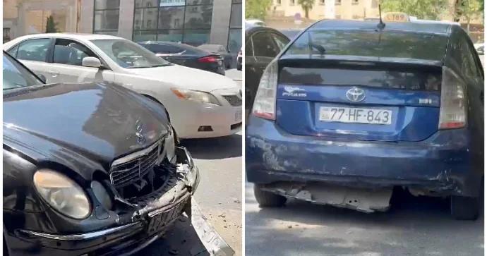 Yasamalda ara məsafəsi saxlamayan “Mercedes” sürücüsü “Prius”a çırpıldı VİDEO