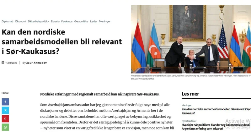 Norveçin “Geopolitika” nəşrində Vaşinqtonda imzalanan sülh sazişi haqqında məqalə dərc olunub