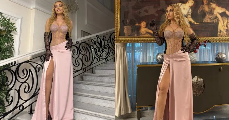 Nuranın uzun yarıqlı geyimi Fotolar