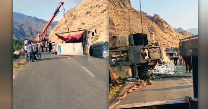 Bakıya gələn yük maşını İranda aşıb, mineral sular yola dağılıb VİDEO