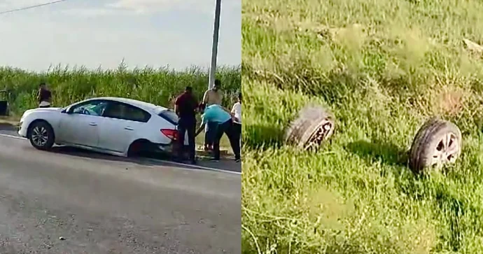 Mingəçevir Xaldan yolunda arxa təkərləri qopan avtomobil dirəyə çırpıldı VİDEO