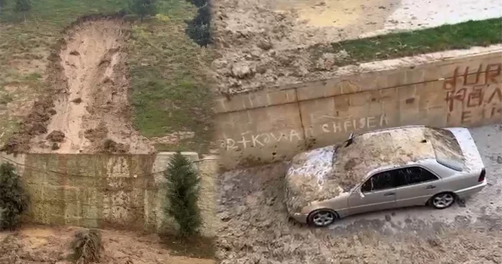 Оползень в Баку: автомобиль погребен под земляным пластом у детской поликлиники