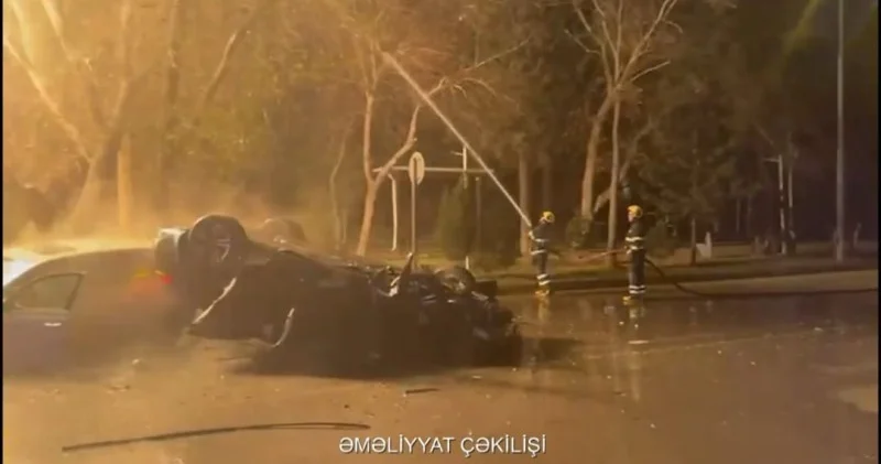 Bakıda qəza güclü yanğına səbəb oldu VİDEO YENİLƏNİB