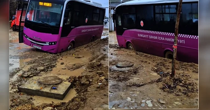 Sumqayıtda avtobus və yük maşını yolda batıb qaldı