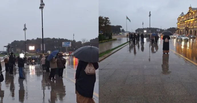 Dayanacaq olmadığı üçün yağışın altında avtobus gözləyirlər AYNA dan AÇIQLAMA FOTO