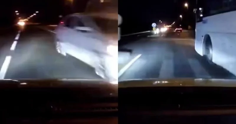 Avtobus sürücüsünün təhlükəli manevri: Minik maşını qəzadan belə yayındı VİDEO