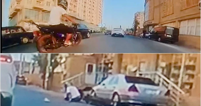 Masazırda motosiklet sürücüsü “BYD”yə çırpılıb yola yıxıldı ANBAAN VİDEO