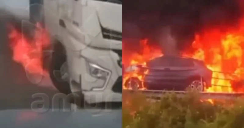 Rusiyada iki böyük avtomobil toqquşdu: Alovlar içində dəhşətli qəza ANBAAN GÖRÜNTÜLƏNDİ