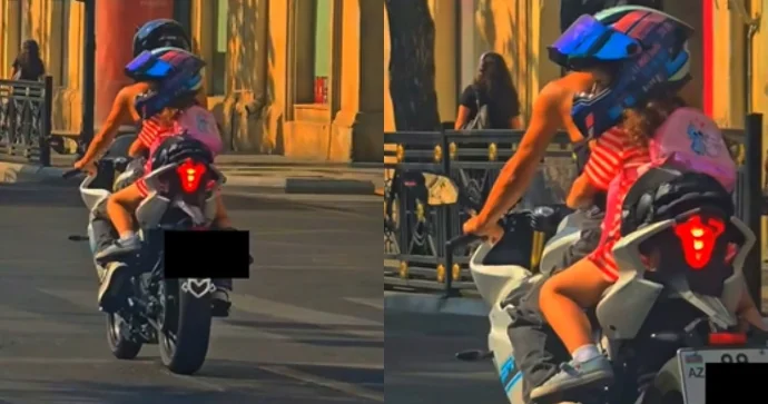 Bakıda qadın azyaşlı uşağı motosikletdə belə apardı TƏHLÜKƏLİ ANLAR
