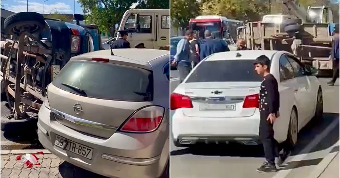 Gəncədə yüklə dolu “Qazel” park edilmiş maşınların üzərinə aşdı VİDEO
