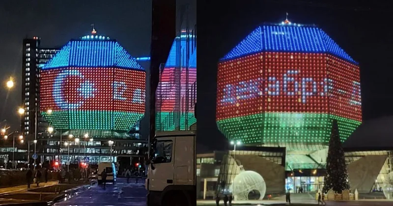 Belarusda Milli Kitabxananın binası bayrağımızın rəngləri ilə işıqlandırıldı VİDEO